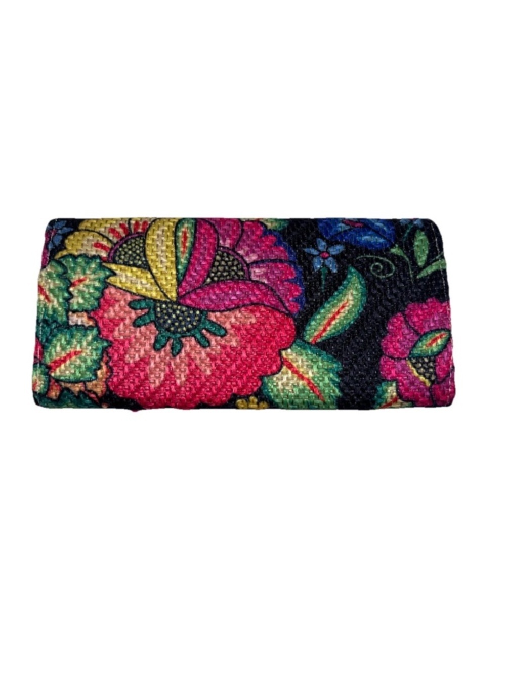 Embroidered Style Floral Clutch with Pink Pom-Pom Trim - Black - Picture 4 of 8
